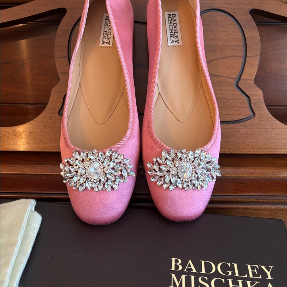 Badgley Mischka Pippa Rose Pink Satin Jeweled Ballet Flats - Picture 10 of 16